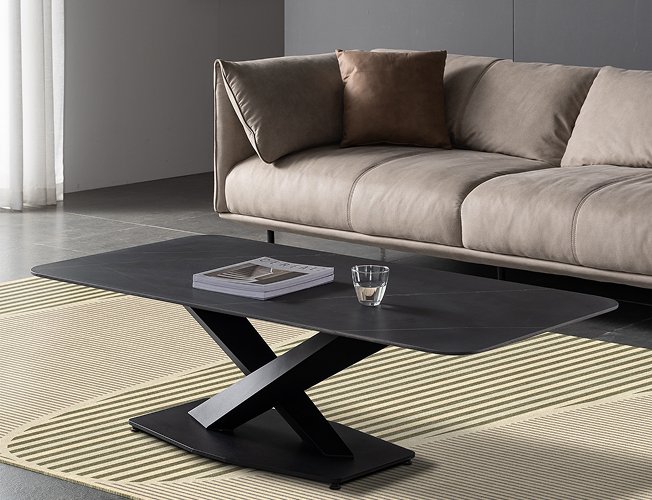 Modern living room with Waves I hand-knotted 100% wool rug featuring minimal striped design under a coffee table